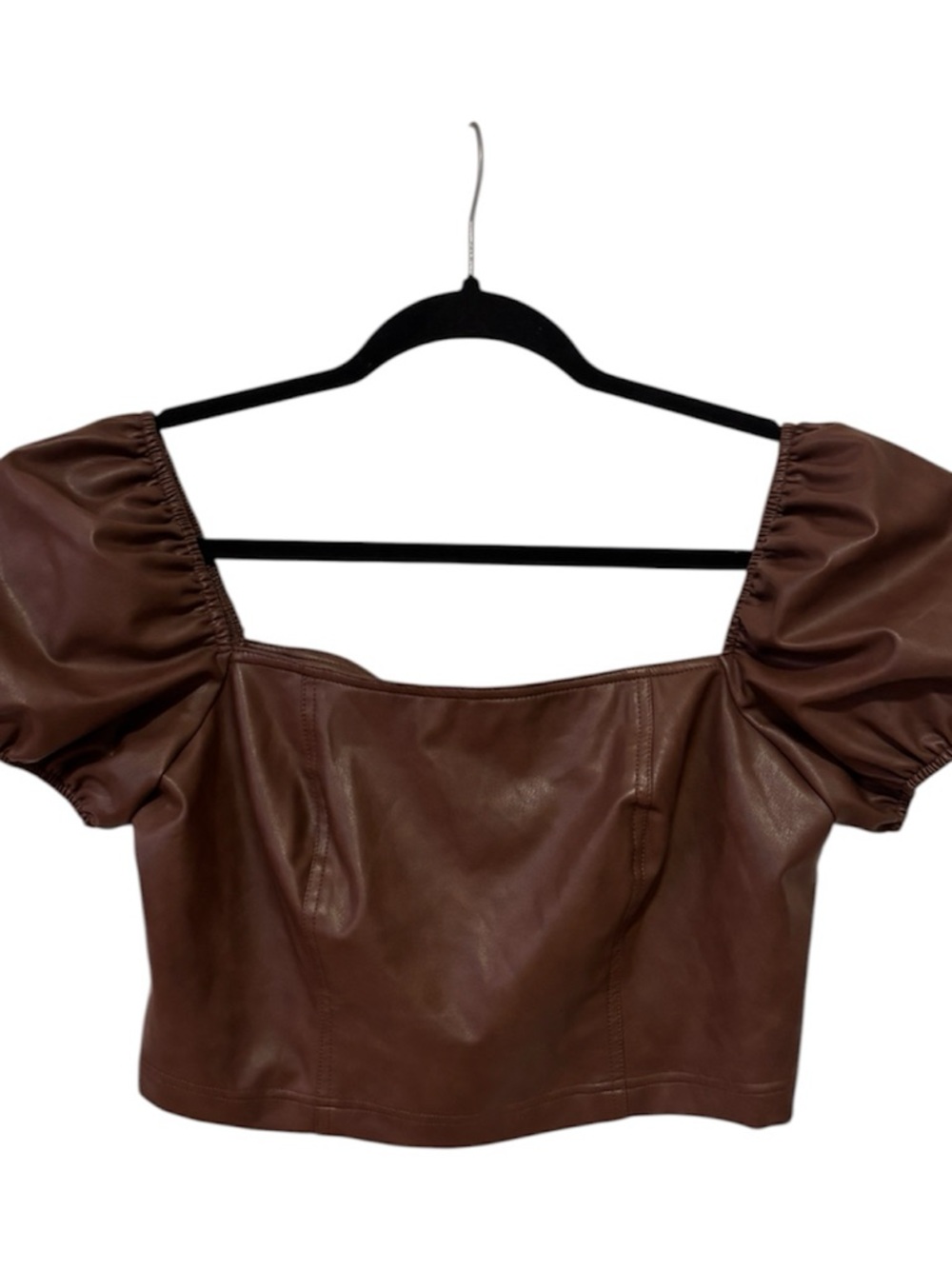 7 For All Mankind Brown Faux Leather Puff-Sleeve Crop Top